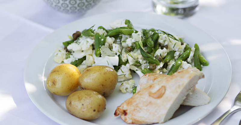 Billede af en t-tallerken med grønt, kartofler og fisk.