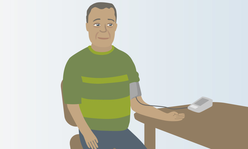 Grafisk illustration af en person med type 2-diabetes, der får målt blodtryk.