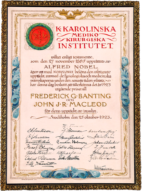 Nobelpris­diplomet til Banting og Macleod i 1923